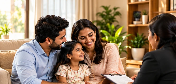 A father, mother and young daughter on a sofa, talking with a counsellor who holds a clipboard