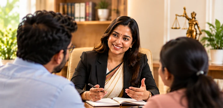 A counsellor in a blazer and sari talks with a couple seated across her desk