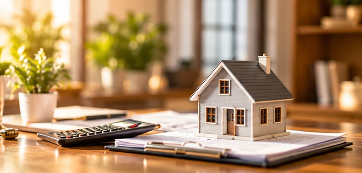 A small model house beside a calculator and property papers on a wooden desk