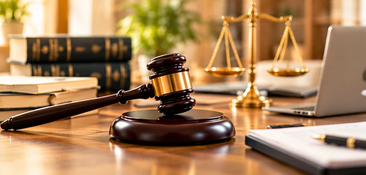 A wooden gavel beside brass scales, law books and a laptop on a desk