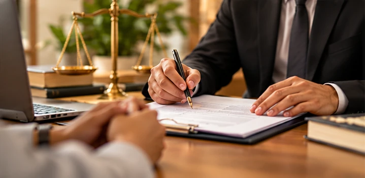 A person in a suit writes on a document across the desk from a client
