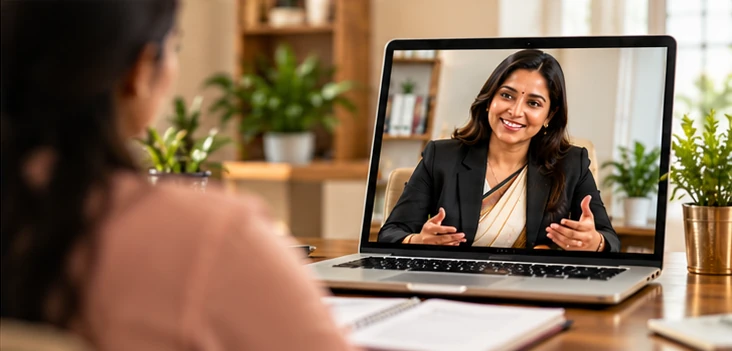 A woman speaks on a video call on a laptop, seen past the shoulder of the person she is talking with